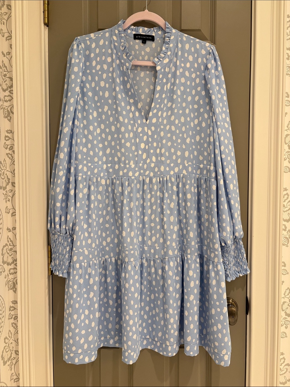 Gibson Light Blue Dress with White Dot Print
